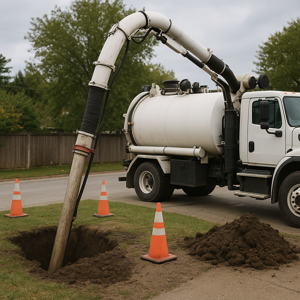 Hydrovac excavation in action with boom and hose